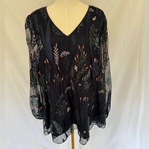 Bloomchic Navy Embroidered Floral Mesh Peplum Top Sheer Long Sleeve Size 18-20